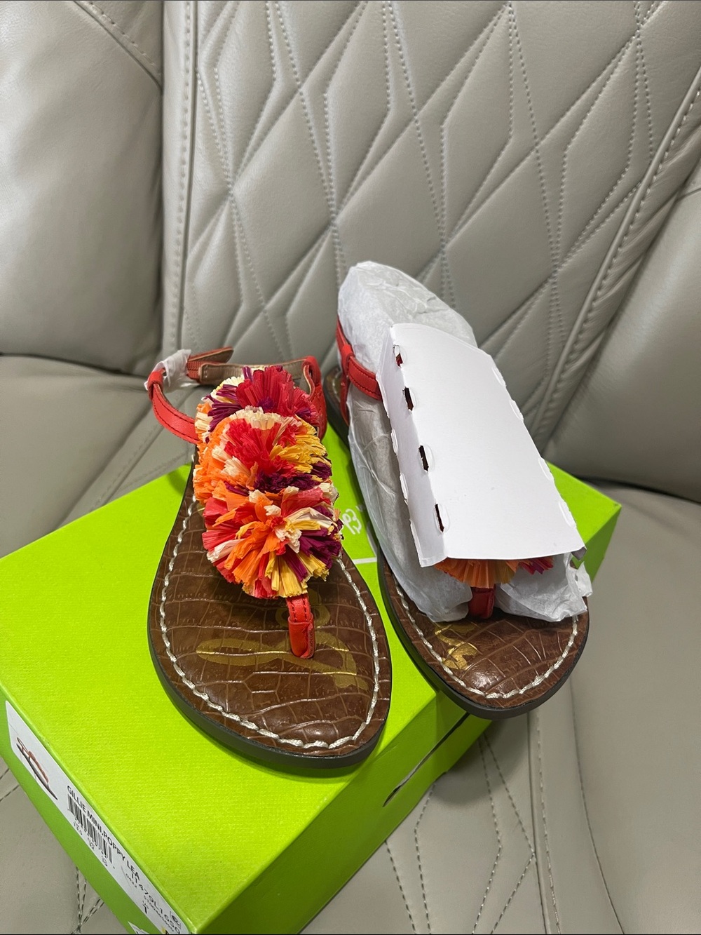 Sam Edelman Girls' Red and Orange Pom-Pom T-Strap Sandal